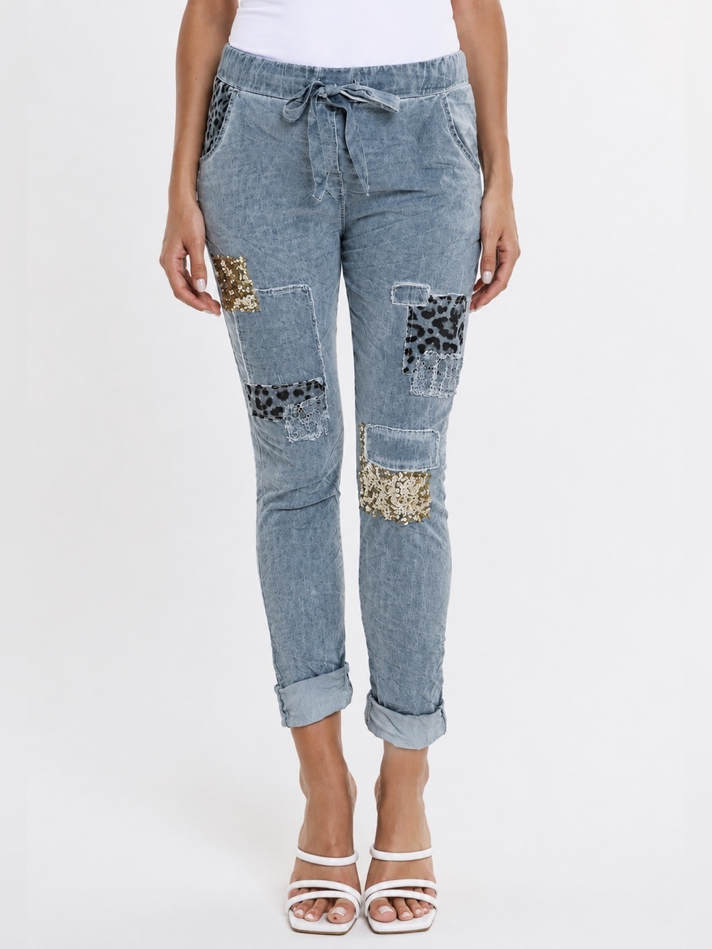 Leopard Sequin Patch pull on Italian stretch blue grey wash jeanpant Casual L XL